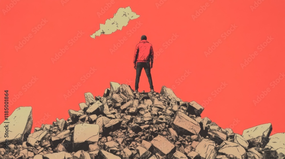 Poster man in red jacket standing atop a pile of rocks against a red sky, looking at a cloud-like shape.