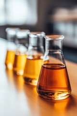 Glass flasks containing amber liquids are lined up on a table, showcasing a laboratory setting, This image can be used for science-related articles, educational materials, and research presentations,