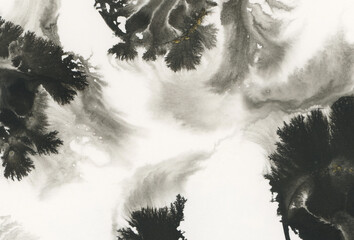 Black grunge Ink watercolor brush stroke painting flow smoke blot. Abstract contrast grunge stain on wet paper background.