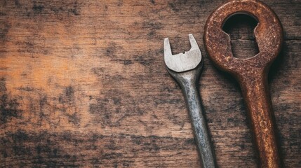 Rustic tools rested on weathered wood evoke a sense of craftsmanship and utility, Ideal for projects related to manual labor, repair services, or home improvement themes,