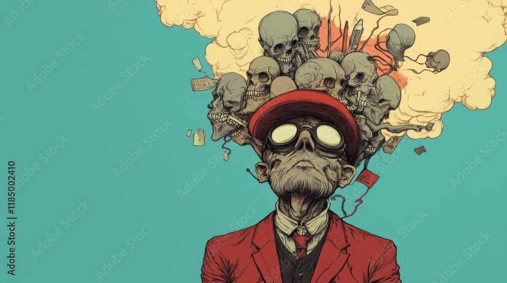 Poster man with skulls and objects above his head, illustrated.