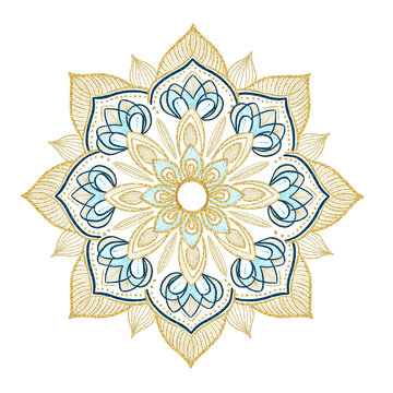 Mandala in gold and dark blue glitter tones. The symmetrical floral pattern incorporates lotus petals, paisley shapes, and graceful lines. Ideal for invitation designs, and meditation themes.