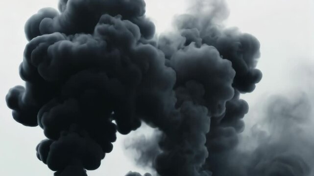 Large black cloud of smoke is rising into the sky. The smoke is thick and dark, and it is billowing out of a factory