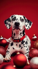 A playful Dalmatian surrounded by festive Christmas ornaments on a vibrant red background.