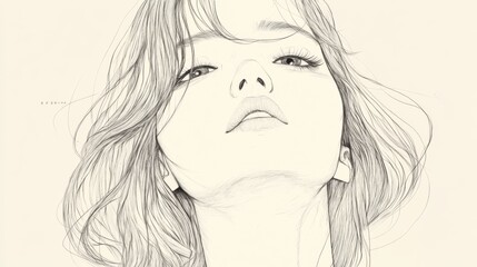 Fototapeta premium Penciled portrait of a young woman with flowing hair, looking up.