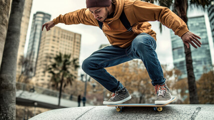 Young man performing parkour trick with skateboard in urban environment