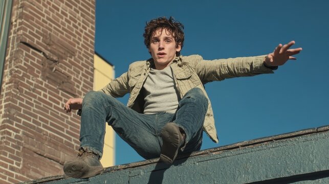 Young man jumping from a rooftop practicing parkour