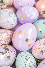 Obraz premium pastel Easter eggs decorated with metallic foil, featuring shades like lavender, pink, orange, and silver with a shimmering, textured finish