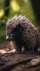 Obraz premium A close-up of a curious hedgehog amidst a lush green forest, showcasing its distinct spines and inquisitive demeanor.