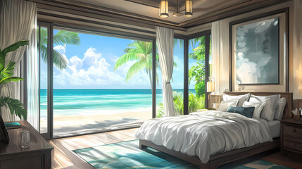 Fototapeta premium Drawing bedroom seabreeze beach on the sea view beach hotel luxury house and villa. Seabreeze. Illustration