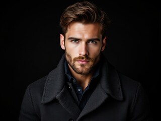Close-up portrait of a man with brown hair and beard, wearing a dark coat