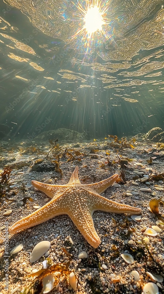 Poster golden rays pierce through the calm water, illuminating a starfish settled gently on a sandy floor. 