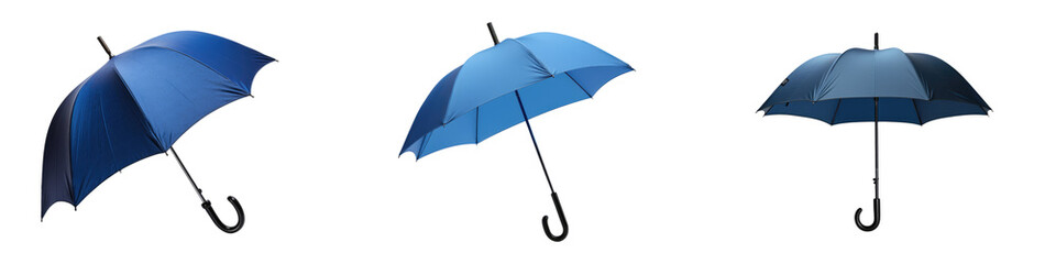 Blue umbrella with black handle isolated on transparent background, Set of