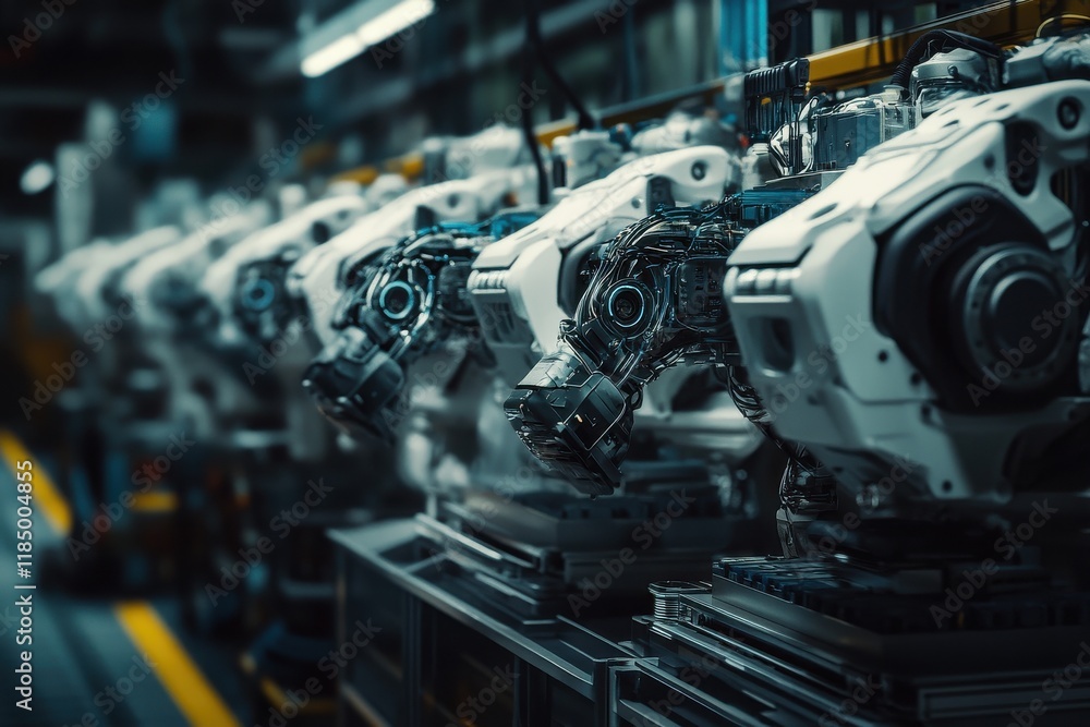 Aufkleber a row of advanced robotic arms in an industrial setting, showcasing sleek design and high-tech featu