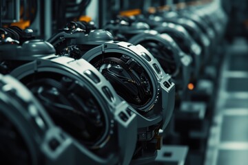 Fototapeta premium Close-up of high-tech robotic machinery showcasing precision engineering in a modern industrial setting.