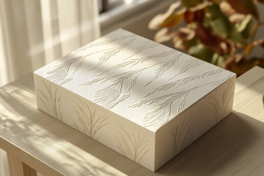 Elegant white gift box with subtle botanical patterns, perfect for any occasion.