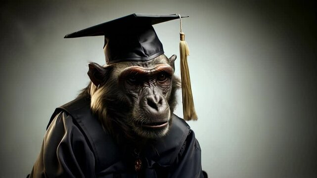 smart monkey orangutan in graduation cap and gown