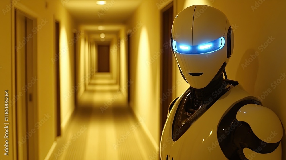 Poster an intimate glimpse of a futuristic robot standing in a faintly lit passage