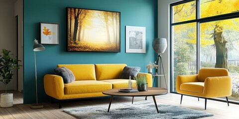 Modern living room, teal accent wall, yellow leather sofa, large autumn landscape painting, contemporary coffee table, potted plant, minimalist decor, cozy interior design, contrasting colors, natural