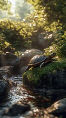 Obraz premium A serene turtle basking on a moss-covered rock beside a gently flowing stream in a sunlit forest.