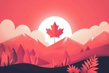 Canadian landscape with maple leaf sunset