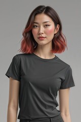 Obraz premium black t shirt mockup with beauty asian model