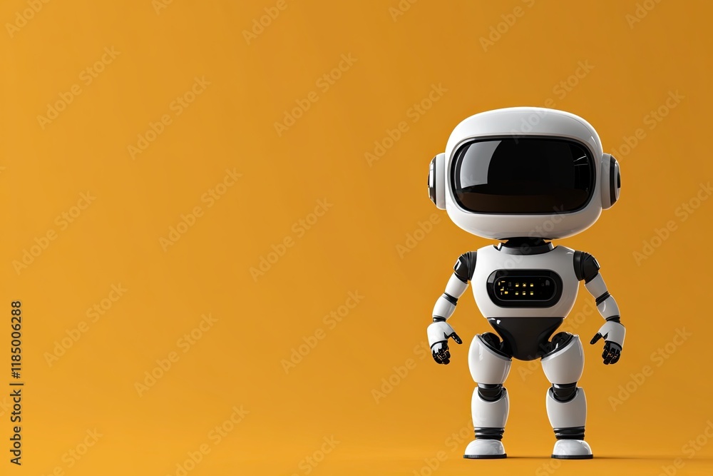 Poster a friendly, happy robot points to a space, showing the way with a cheerful and pleasant expression i