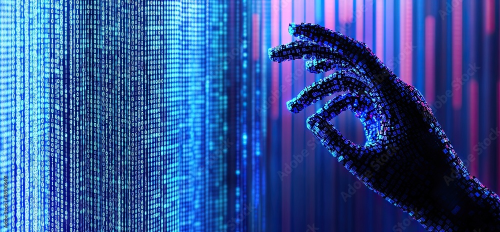 Poster a three-dimensional image of a cyborg hand holding a binary data cloud
