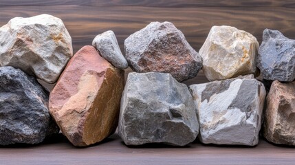 A collection of various textured stones stacked against a wooden backdrop, showcasing earthy tones and natural beauty, Ideal for design, landscaping, or educational materials focused on geology,