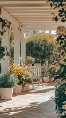 Naklejka premium A peaceful patio beckons with potted sage and bright flowers, inviting relaxation. Sheltered by an arched roof, sunlight filters through, casting a warm glow, perfect for unwinding