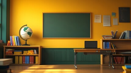 Empty classroom with inscription Welcome to school on chalkboard. Vector cartoon illustration of class interior with globe, books on desk and blanck poster and lcd monitor on wall