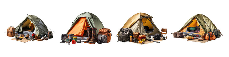 Camping gear with tent isolated on transparent background, Set of