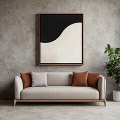 Beige couch with orange pillows in modern living room interior with abstract art