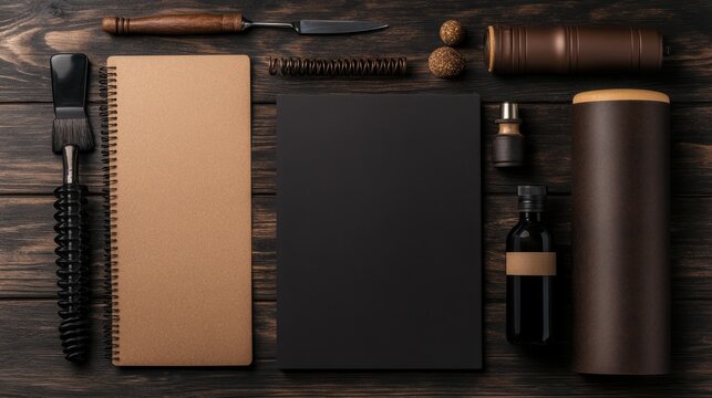 An arrangement of artistic tools and materials on a wooden table, including notebooks, brushes, and containers, Ideal for showcasing creativity, crafts
