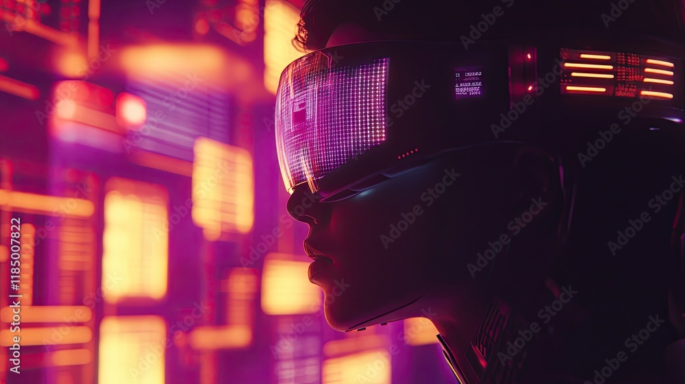 Poster a high-tech robot equipped with a vr headset engages with digital interfaces in a cutting-edge setti