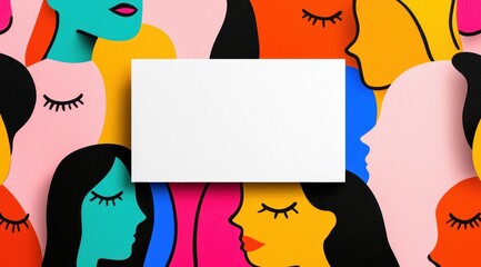 Blank white card mockup on colorful abstract women faces background
