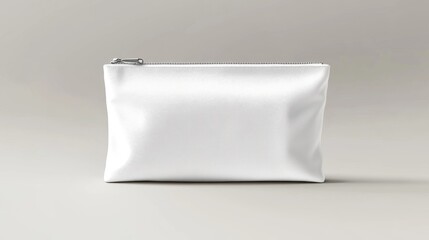 White cosmetic bag with zipper for makeup and beauty tools. Vector realistic mockup of blank fabric pouch with zip for toiletry, soap and body care products. Small beauticians for travel