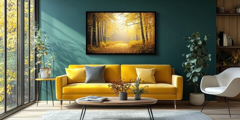 Modern living room, teal accent wall, yellow leather sofa, large autumn landscape painting, contemporary coffee table, potted plant, minimalist decor, cozy interior design, contrasting colors, natural