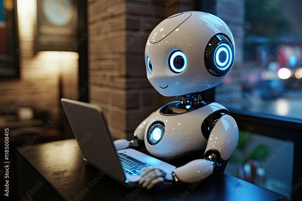 Poster a image featuring a 3d rendered cute robot or assistant robot, accompanied by a computer notebook