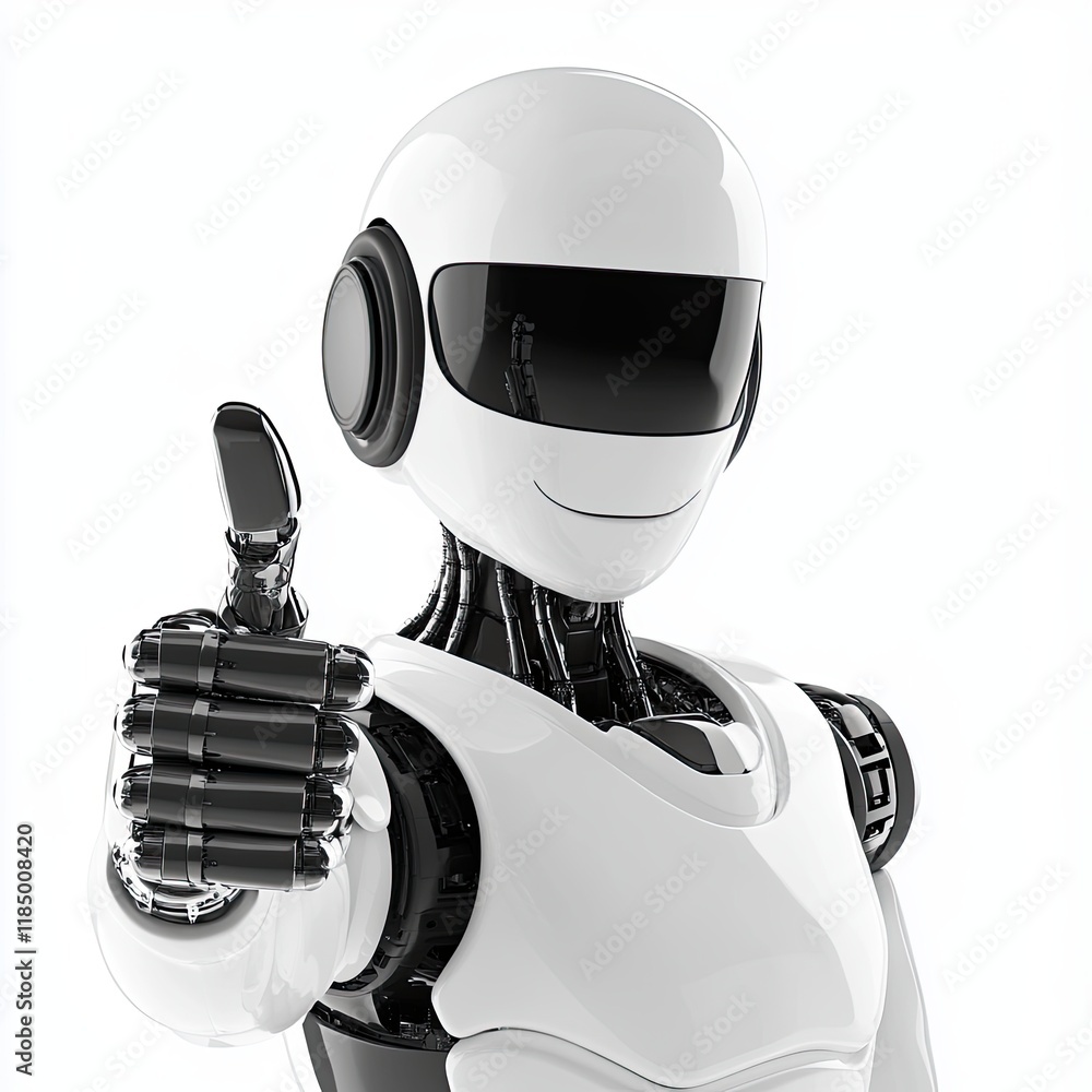 Poster a white background featuring a 3d rendered robot character with a thumbs up