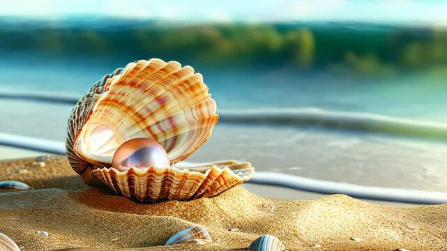 Shell with a pearl inside of it. The shell is on the beach. The pearl is white