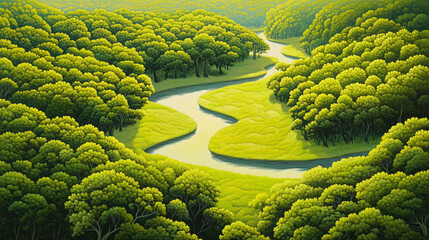 Aerial view of lush forest with winding rivers in vibrant green