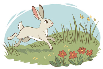 A bunny hopping in a meadow, depicted in a digital painting with soft brushwork