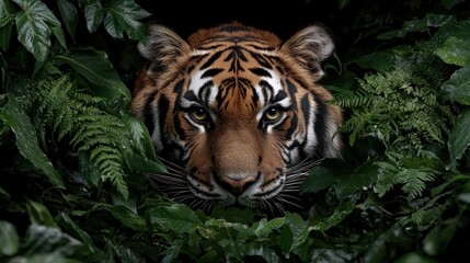 Fototapeta premium Closeup of a tiger peering from behind lush green foliage