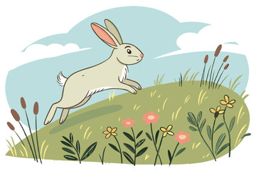 A bunny hopping in a meadow, depicted in a digital painting with soft brushwork