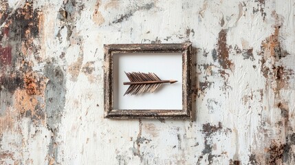 A framed decorative arrow mounted on a textured wall, showcasing a blend of artistry and rustic charm.