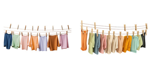Clothesline with clothes pegs isolated on transparent background, Set of