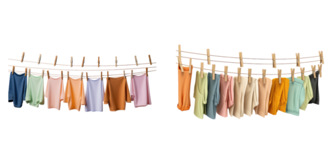 Clothesline with clothes pegs isolated on transparent background, Set of