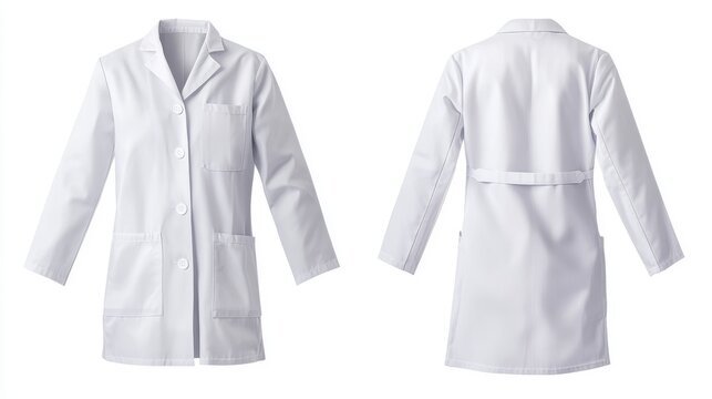 White doctor coat, medical uniform isolated on transparent background. Vector realistic mock up of lab costume front and side view. Clothes for medicine profession, nurse suit, physician robe