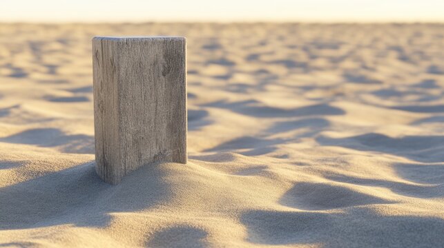 A weathered wooden block stands in soft sand, capturing serene desert scenery bathed in warm light, ideal for themes of solitude, nature, or minimalism in design, art, or travel content,
